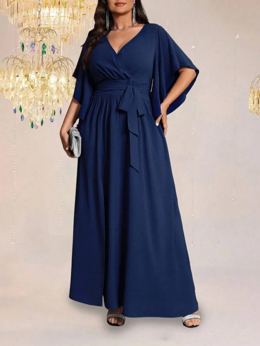Navy Blue Elegant Women's Fitted V-Neck Flare Sleeve Maxi Dress